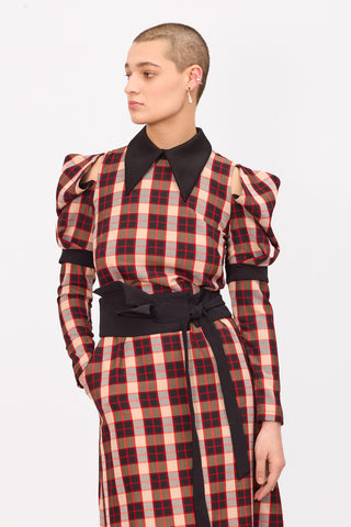 Stylish Cold Shoulder Long Sleeve Dress With Belt Red Check