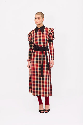 Stylish Cold Shoulder Long Sleeve Dress With Belt Red Check