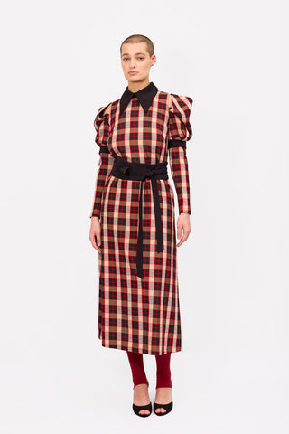 Stylish Cold Shoulder Long Sleeve Dress With Belt Red Check