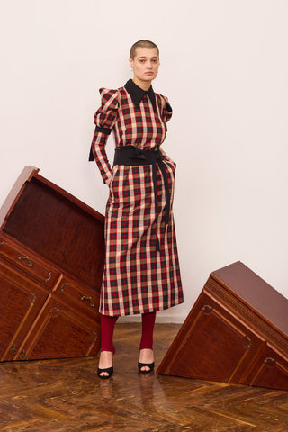 Stylish Cold Shoulder Long Sleeve Dress With Belt Red Check