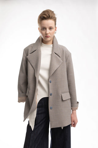 Stylish Relaxed-Fit Blazer With Contrast Lining Blue Beige Check