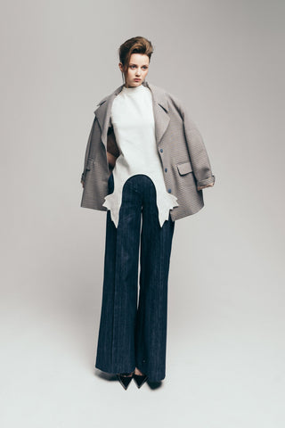 Stylish Relaxed-Fit Blazer With Contrast Lining Blue Beige Check