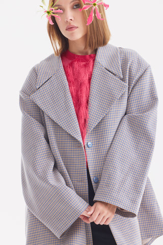 Stylish Relaxed-Fit Blazer With Contrast Lining Blue Beige Check