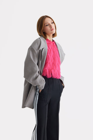 Stylish Relaxed-Fit Blazer With Contrast Lining Blue Beige Check