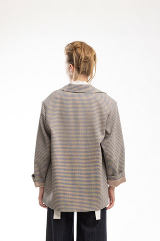 Stylish Relaxed-Fit Blazer With Contrast Lining Blue Beige Check