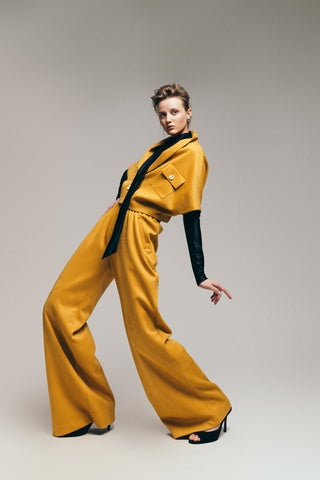 Suede Wide-Leg Pants With Ruffled Waist Mustard Yellow