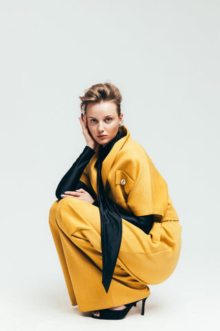 Suede Wide-Leg Pants With Ruffled Waist Mustard Yellow