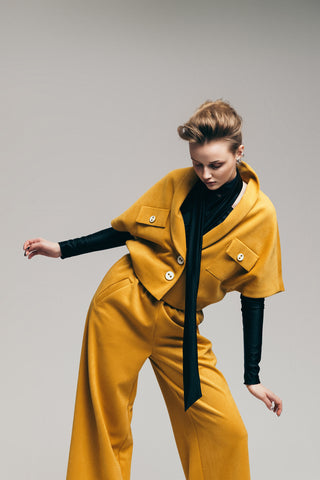 Suede Wide-Leg Pants With Ruffled Waist Mustard Yellow