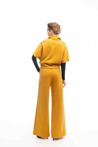 Suede Wide-Leg Pants With Ruffled Waist Mustard Yellow