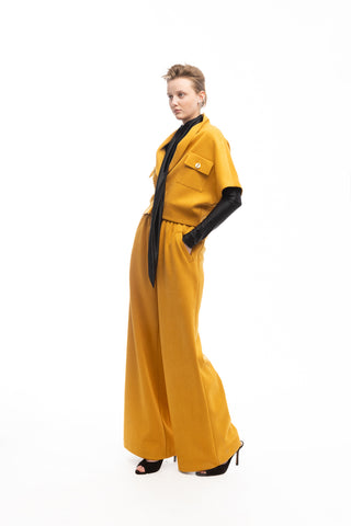Suede Wide-Leg Pants With Ruffled Waist Mustard Yellow