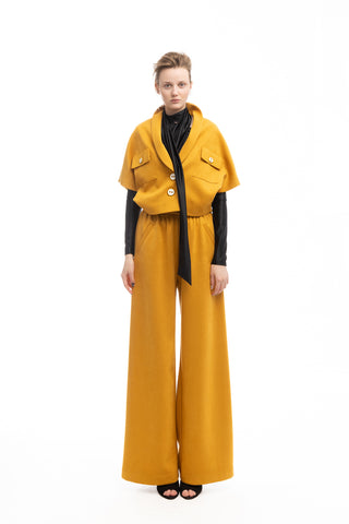 Suede Wide-Leg Pants With Ruffled Waist Mustard Yellow