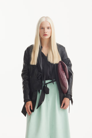 Croc-Effect Faux Leather Wrap Blazer Jacket – Black