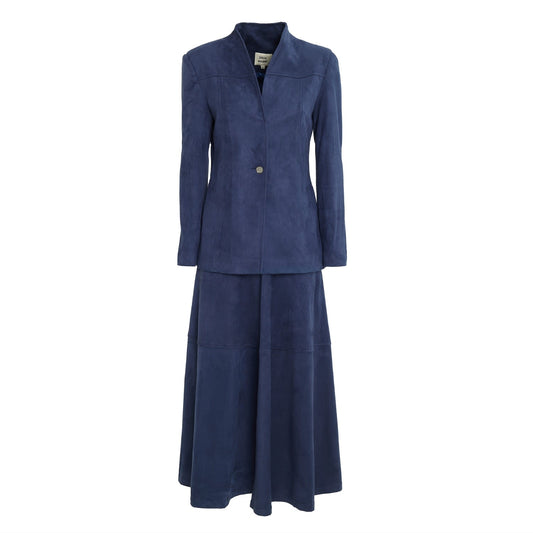 Three-Piece Suit Blazer & Blouse & Skirt Suede Blue