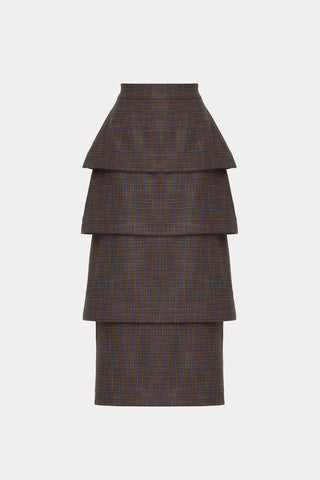 Tiered High Waist Midi Skirt - Brown-Grey Checked