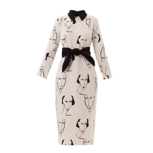 White Designer Fitted Dress With Faces Print