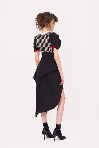 Unique Asymmetric Draped Skirt With Fringe Black