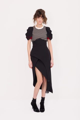 Unique Asymmetric Draped Skirt With Fringe Black