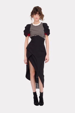 Unique Asymmetric Draped Skirt With Fringe Black