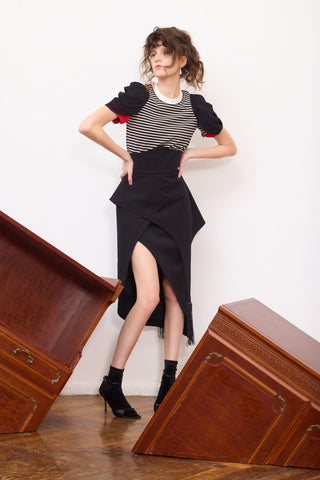 Unique Asymmetric Draped Skirt With Fringe Black