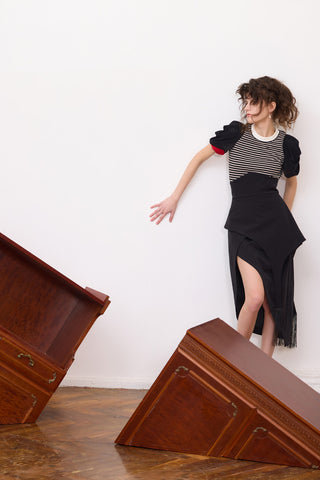 Unique Asymmetric Draped Skirt With Fringe Black