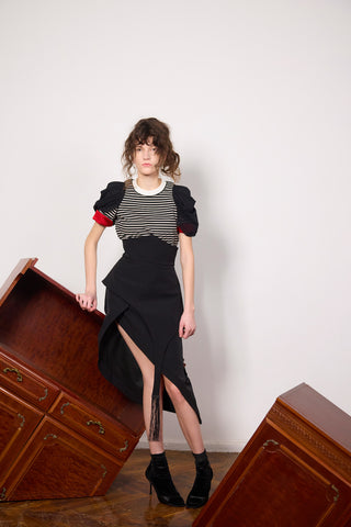 Unique Asymmetric Draped Skirt With Fringe Black