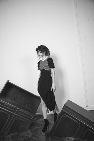 Unique Asymmetric Draped Skirt With Fringe Black