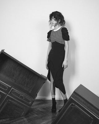 Unique Asymmetric Draped Skirt With Fringe Black