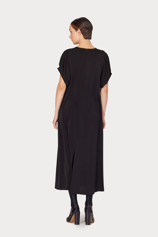 Silky Touch Midi Black Dress With Floral Detail