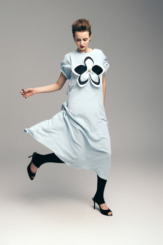 Silky Touch Midi Light Blue Dress With Handmade Floral Appliqué