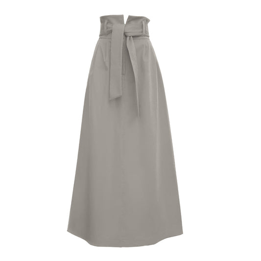 Wool-Blend High Waist A-Line Long Skirt With Belt Grey
