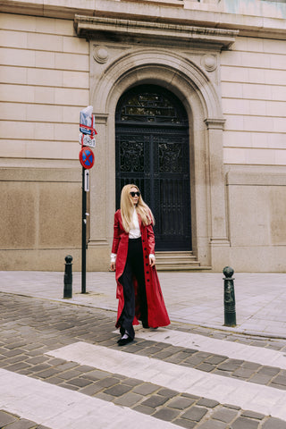 Red Long Button-Up Eco-Leather Trench