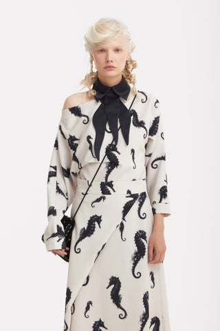 Boat Neck Blouse & Wrap Skirt Co-Ord Set - Light Beige Seahorse Print - Capsule Edition