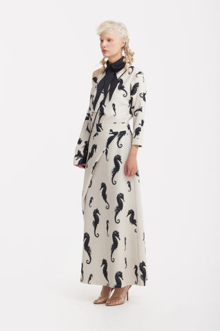 Boat Neck Blouse & Wrap Skirt Co-Ord Set - Light Beige Seahorse Print - Capsule Edition