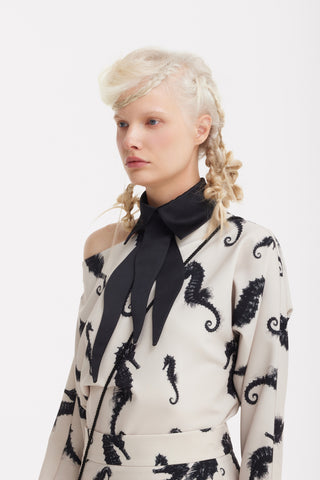Boat Neck Blouse & Wrap Skirt Co-Ord Set - Light Beige Seahorse Print - Capsule Edition