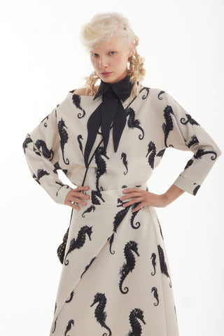 Boat Neck Blouse & Wrap Skirt Co-Ord Set - Light Beige Seahorse Print - Capsule Edition