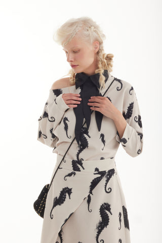 Boat Neck Blouse & Wrap Skirt Co-Ord Set - Light Beige Seahorse Print - Capsule Edition