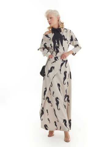 Boat Neck Blouse & Wrap Skirt Co-Ord Set - Light Beige Seahorse Print - Capsule Edition