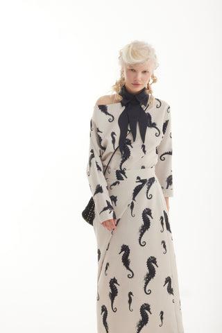 Boat Neck Blouse & Wrap Skirt Co-Ord Set - Light Beige Seahorse Print - Capsule Edition