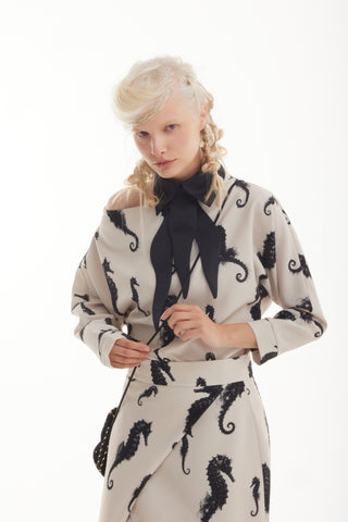 Wrap Long Skirt – Light Beige Seahorse Print