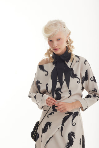 Boat Neck Blouse & Wrap Skirt Co-Ord Set - Light Beige Seahorse Print - Capsule Edition
