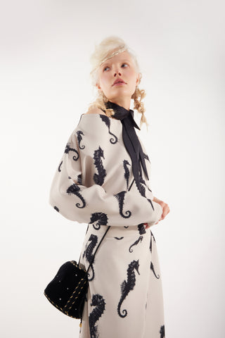 Boat Neck Blouse & Wrap Skirt Co-Ord Set - Light Beige Seahorse Print - Capsule Edition