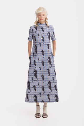 Pale Blue Seahorse Grid Print Fluid A-Line Dress – Capsule Edition