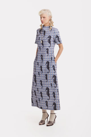 Pale Blue Seahorse Grid Print Fluid A-Line Dress – Capsule Edition