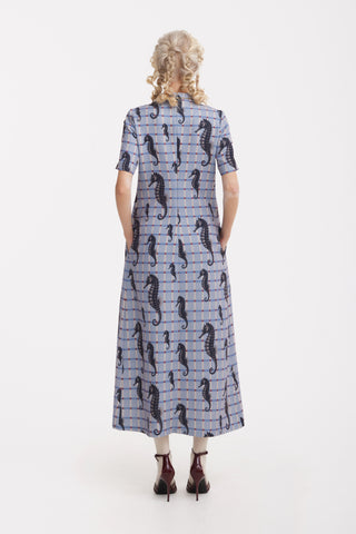 Pale Blue Seahorse Grid Print Fluid A-Line Dress – Capsule Edition