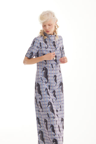 Pale Blue Seahorse Grid Print Fluid A-Line Dress – Capsule Edition