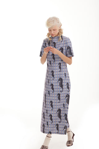 Pale Blue Seahorse Grid Print Fluid A-Line Dress – Capsule Edition