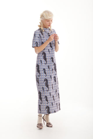 Pale Blue Seahorse Grid Print Fluid A-Line Dress – Capsule Edition