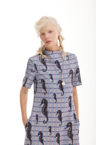 Pale Blue Seahorse Grid Print Fluid A-Line Dress – Capsule Edition