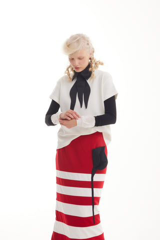 Contemporary Striped A-Line Skirt, Black Floral Detail – Red