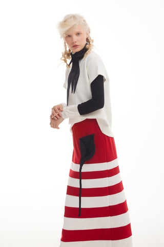 Contemporary Striped A-Line Skirt, Black Floral Detail – Red